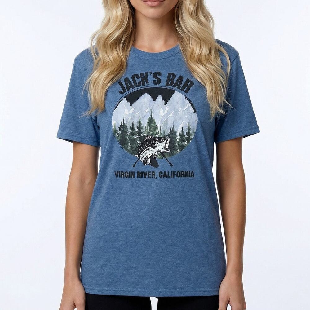 Gildan Graphic Tee XL Heather Blue Softstyle NWT Jack's Bar Virgin River Fishing - Picture 1 of 9